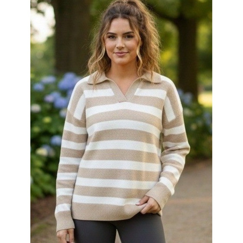 Marled Polo Sweater Women's Size M Striped Ribbed V-Neck Long Sleeve Preppy Tan